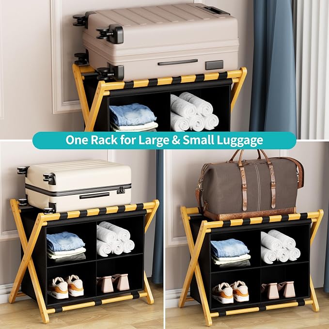 Folding Luggage Rack, 2-Pack Natural Bamboo Suitcase Stands with 4 Storage Compartments , Sturdy Luggage Holders for Guest Room, Bedroom, Hotel - Image 4