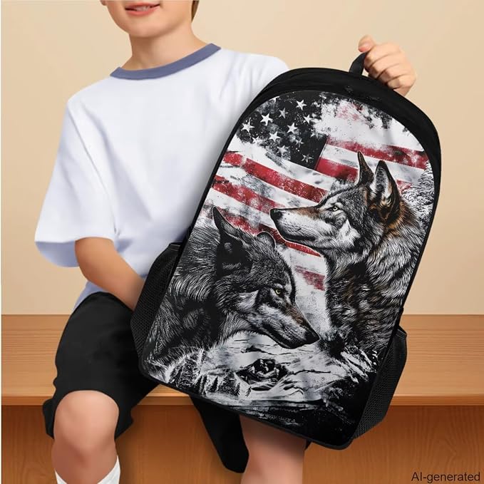 American Flag Wolf Backpack for Boys Kids Backpack with Lunch Box Water Bottle Bag and Soft Pencil Case 4PCS Set Bookbag with Compartments for School Teens 17 inch Large Capacity School Bag - Image 3