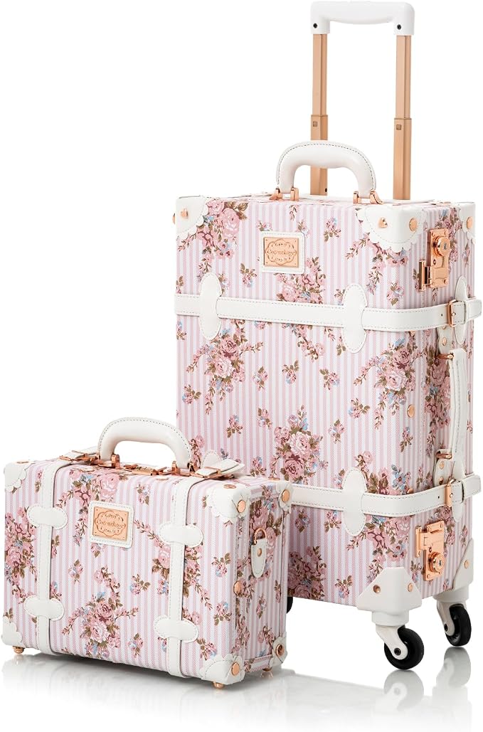COTRUNKAGE Vintage Trunk Luggage Set Carry On Suitcase for Women (13" & 20", Pink Floral) by COTRUNKAGE