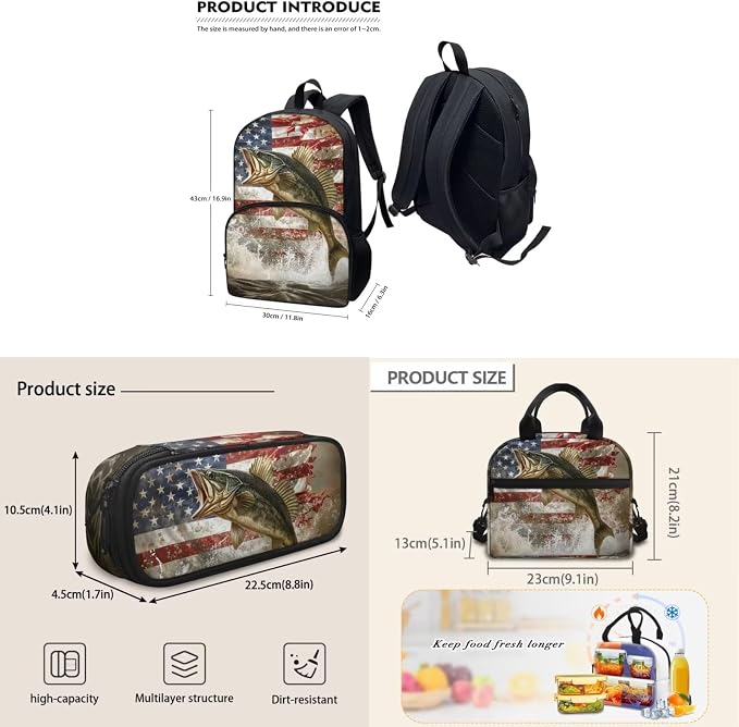 3 Pack American Flag Fish Print Backpack School Bag with Lunch Box Pencil Case Set Casual School Bags Rucksack for Elementary/Primary/Middle - Image 5