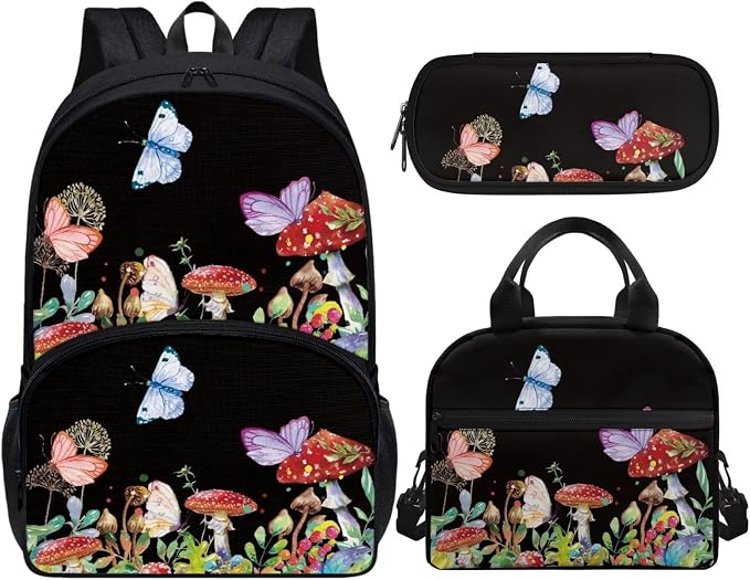 Retro Butterfly Mushroom Backpack Set for Girls Kids Lightweight Cute School Backpack with Lunch Box Pencil Case Adjustable Strap Padded Book Bag Insulated Lunch Bag - Image 2