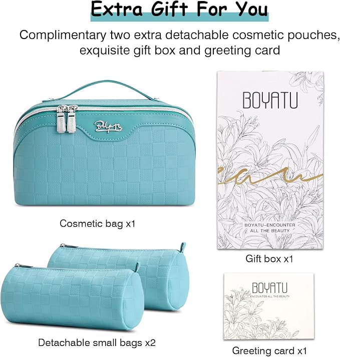 BOYATU Checkered Travel Makeup Bags: Vacation-Ready Light Blue Large Capacity Cosmetic Bag for Women - 3 Pcs Set Toiletry Organizer with Waterproof Leather - Easy to Clean Beach Trip Essential - Image 7