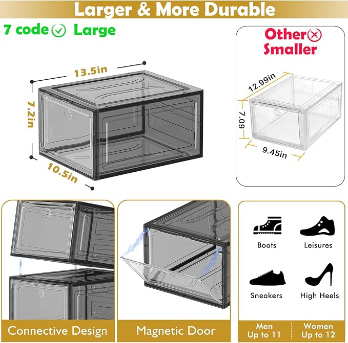 12 Pack Clear Shoe Storage Organizer with Magnetic Door, Stackable Plastic Shoe Boxes for Sneakers, Boots, and Heels, Space-Saving Foldable Shoe Rack for Closet, Durable Shoe Cabinet Organizer, Black - Image 4