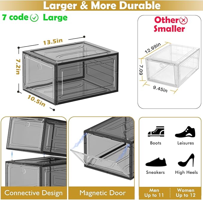 12 Pack Clear Shoe Storage Organizer with Magnetic Door, Stackable Plastic Shoe Boxes for Sneakers, Boots, and Heels, Space-Saving Foldable Shoe Rack for Closet, Durable Shoe Cabinet Organizer, Black - Image 4