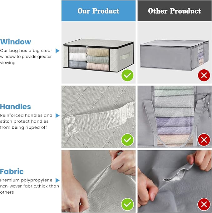 HomeHacks Storage 6-Pack Clothes Organizer Storage Bags Foldable Storage Box with Large Clear Window Sturdy Handles for Closet, Dorm, Pillows, Bedding, Clothes, Blankets, 35L, Ivory - Image 5