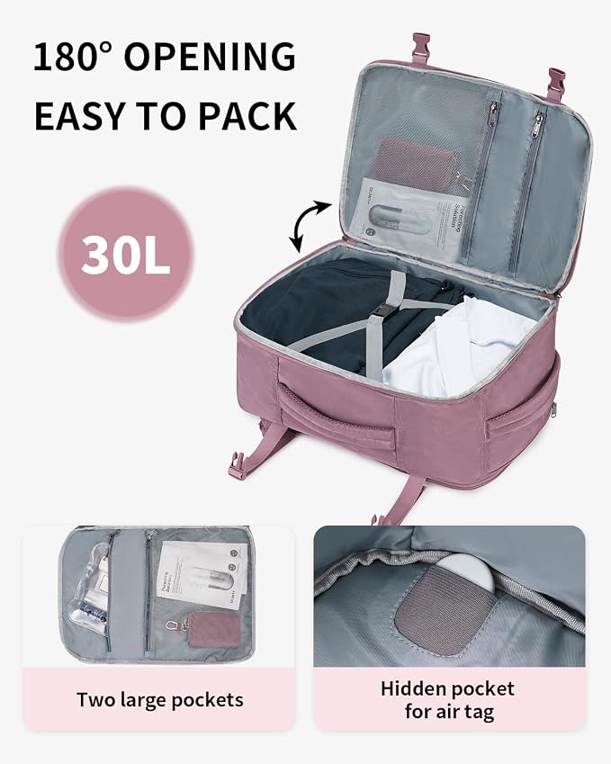 ECOHUB Travel Backpack for Women, 18x14x8 Frontier Airlines Personal Item Bag with Clear Toiletry Bag, Laptop Carry on Backpack with USB Port, Airline Approved Under Seat 14 Pockets 30L, Pink - Image 4