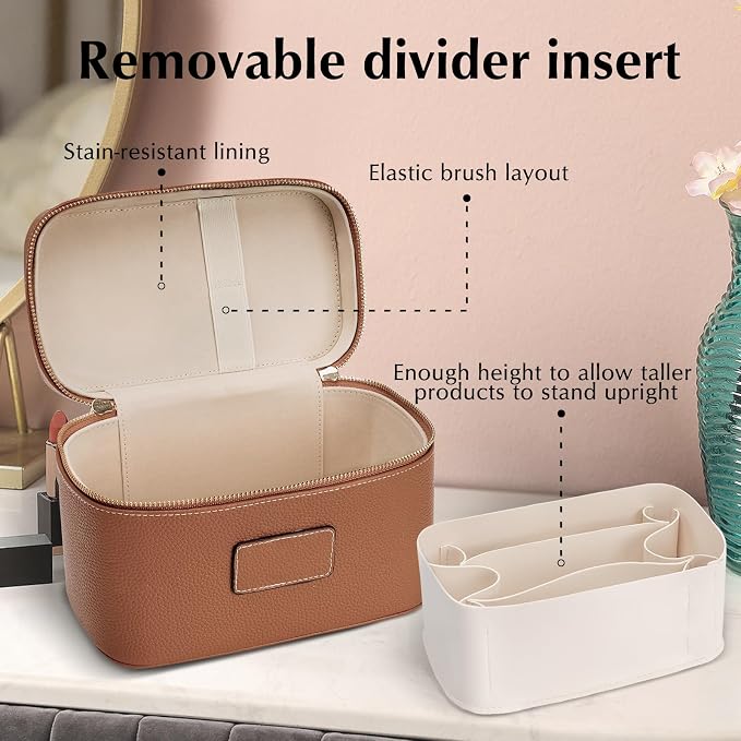 Makeup Case for Women, Leather Makeup Bag Cosmetic Case with Removable Divider, Large Capacity Waterproof Portable Travel Toiletry Make up Organizer Case - Image 5