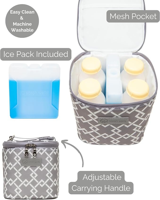 Sarah Wells Cold Gold Breastmilk Cooler with Ice Pack (Gray) | Fully-Lined Insulated Interior, Fits 4-6 Bottles, Zippered Lid, Great for Workdays, Travel & Pumping Days, Machine Washable - Image 2