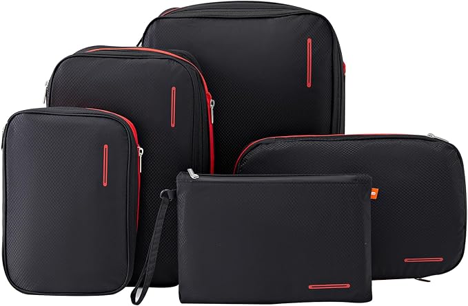 Bee Nesting BeeNesting Waterproof Compression Packing Cubes 5/6/8 sets, Large Travel Packing organizers for Carry on Luggage, 2 Sides Expandable Storage Bags (Black Red, G5set) by BeeNesting