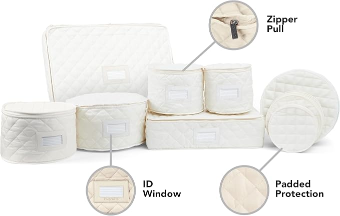 Covermates Keepsakes Dish Storage Set – Padded China & Dinnerware Storage Cases with Dividers, Cup & Stemware Storage, Quilted Polyester Protection, ID Window, Cream - Image 2