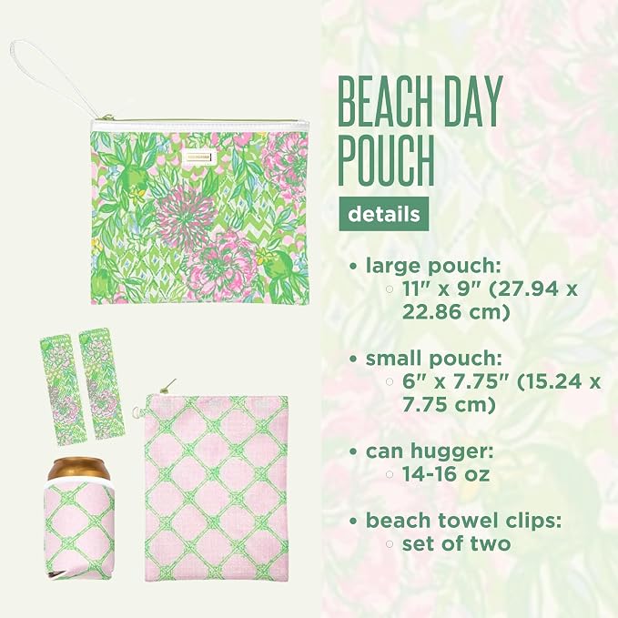 Lilly Pulitzer Water Resistant Vinyl Beach Day Pouch, Zipper Bag Includes Drink Hugger, Small Pouch, and Towel Clips - Image 2