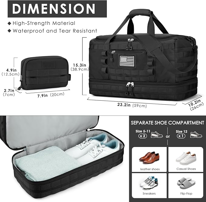 Travel Bag for Men Women, Gym Bag & Tactical Duffle Bags for Travel, Carry on with Toiletry Bag and Shoe Compartment, Weekender Overnight Trip with Wet Pocket for Workout Medical, Black - Image 4