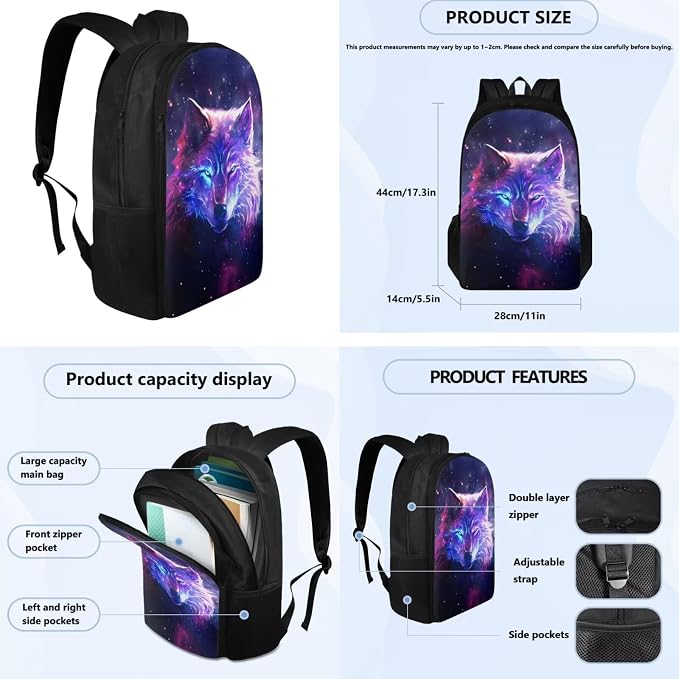 Galaxy Wolf Backpack for Girls Boys Backpack with Lunch Box Water Bottle Holder with Strap and Aesthetic Pencil Case 4PCS Set Bookbag with Compartments for School 17 inch School Bag for Kids - Image 4