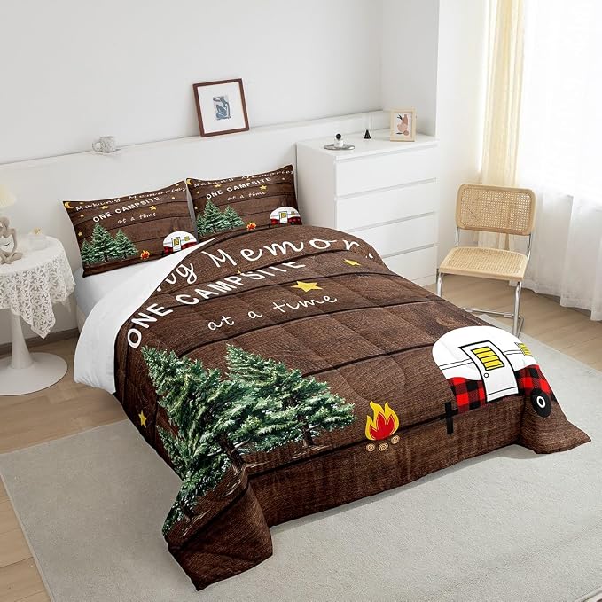 Erosebridal Camping Bedding Sets Queen,Camper Comforter Set for Kids Boys Girls Young Man,Glitter Moon Stars Tree Down Comforter Home Room Decor,Vintage Happy Camping Grid Truck 3 Piece Lightweight - Image 4