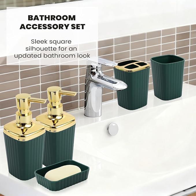 XLHOMO 9-Piece Dark Green Bathroom Accessories Set - Slim Pop-up Trash Can with Lid, Toilet Brush, Soap Dispenser & Apothecary Jars - Luxury Emerald Decor for Small Spaces - Image 5