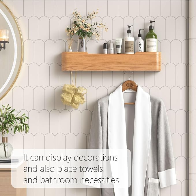 Coat Rack Wall Mount with Hidden Hooks Modern Key Holder Wood Entryway Hook with Shelf for Bedroom Kitchen Hallway Bathroom Designed for Hanging Coats Hats Bags Towels Dog Leashe(Oak,5 Hooks) - Image 6