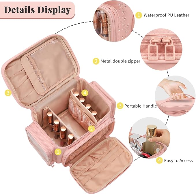 Bagmoly Large Makeup Bag, Portable Travel Makeup Bag Organizer for Women Girls with Makeup Brush Compartment & Two Side Pockets, Cosmetic Travel Bag Vertical Storage Toiletry - Pink - Image 3