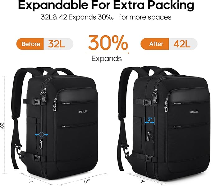 Bagsure Travel Backpack Carry On Backpack 42L Flight Approved, Expandable Laptop Backpack with Packing Cubes & Shoe Pocket, Water Resistant Luggage Backpack for Men Women, Large Backpack 20 * 14 * 7" - Image 2