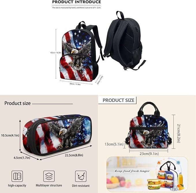 American Flag Eagle Star Backpack Bookbag with Front Pocket Kids Preschool Elementary Bookbag with Lunch Box Pencil Case Set of 3Pcs Daypack Sackpack Blue - Image 5