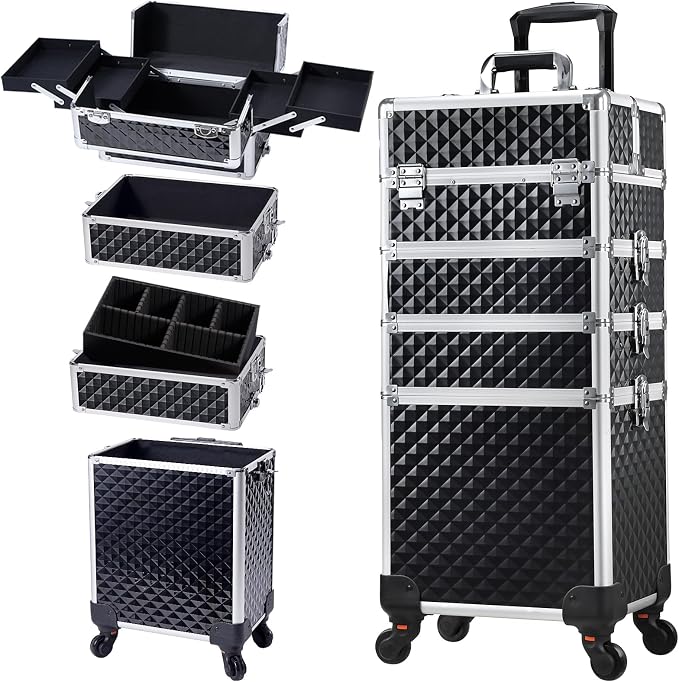 Stagiant Rolling Makeup Case Cosmetology Case on Wheels 4 in 1 Large Cosmetic Organizer Train Case Makeup Travel Case with Key Swivel Wheels Nail Artist Salon Storage Traveling Cart Trunk Black by Stagiant