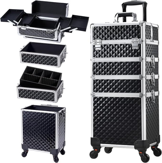 Stagiant Rolling Makeup Case Cosmetology Case on Wheels 4 in 1 Large Cosmetic Organizer Train Case Makeup Travel Case with Key Swivel Wheels Nail Artist Salon Storage Traveling Cart Trunk Black by Stagiant