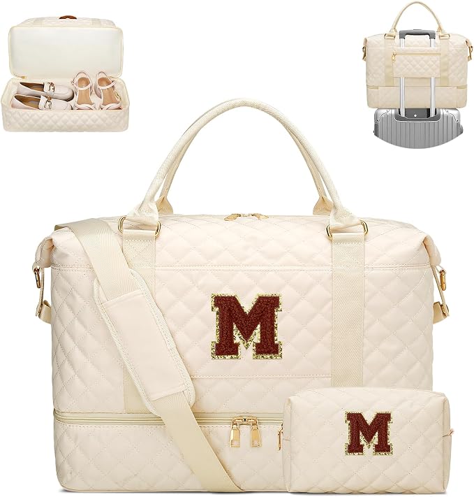 Gifts for Women Initial Travel Duffle Bag Quilted Weekender Bags Carry-On Overnight with Cosmetic Bag, Gym Bag with Shoe Compartment Hospital Bag for Women Labor Delivery, Beige-M by Unknown
