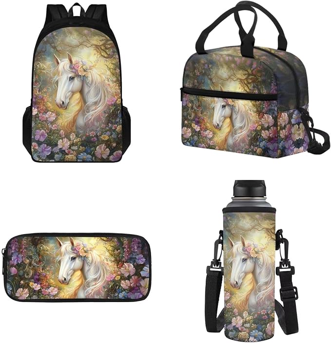 School Backpack for Teens with Leakproof Lunch Box Pencil Box Water Bottle Bag for School, Horse Floral Large Capacity Kids School Bag for Middle School by Tomeusey
