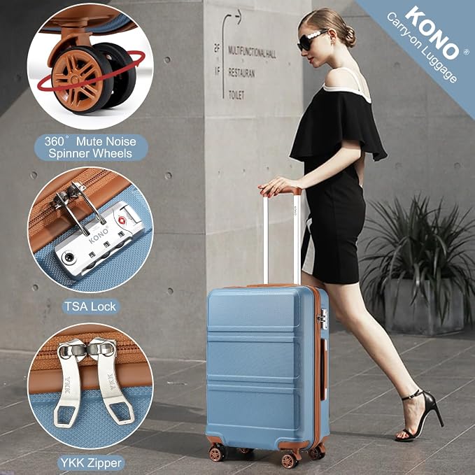 Kono 4 Piece Luggage Sets Expandable(only 28") with Spinner Wheels TSA Lock | Lightweight PC+ABS Hardside Travel Rolling Suitcases 20in 24in 28in Carry on and 12in Mini Cosmetic Case Apricot Blue - Image 5