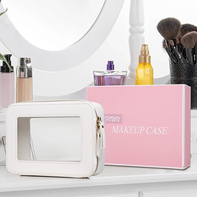 Clear Makeup Bag Women's Waterproof Travel Cosmetic Case and Toiletry Bag Portable Makeup Organizer Bag Car Essential with Zipper (White, M) - Image 7