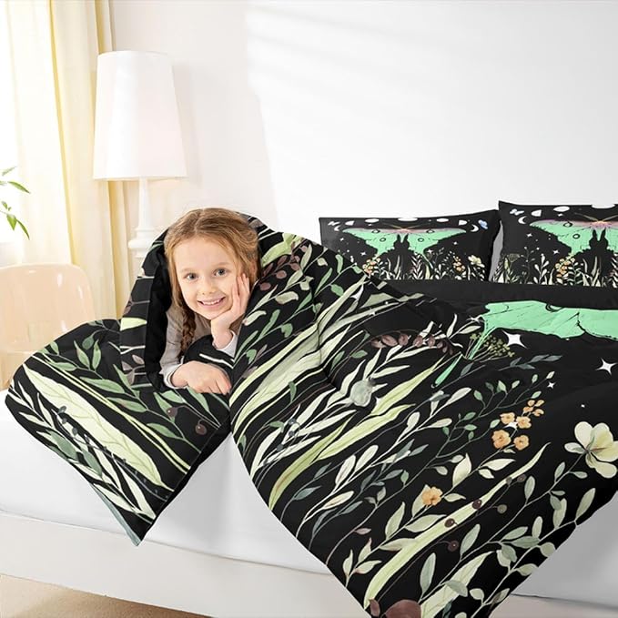 Erosebridal Teens Moth Bedding Set King, Aesthetic Flower Comforter Set Bohemian Sun Moon Duvet Sets for Kids Boys Adult Women, Nature Trippy Floral Bedding Comforters Goth Bedroom Decor - Image 5