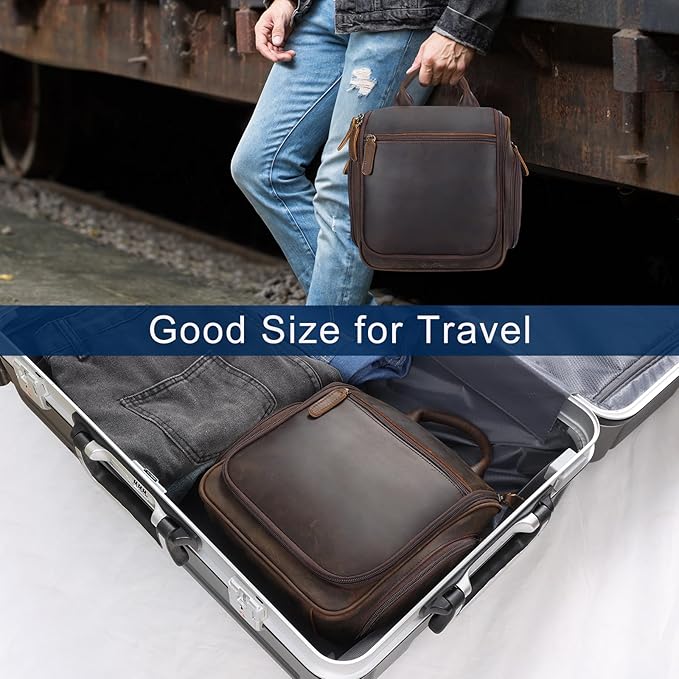 Masa Kawa Leather Hanging Travel Toiletry Bag for Men Portable Expandable Camping Cosmetics Makeup Toiletries Organizer Vintage Bathroom Shaving Kit Brown Wash Bags - Image 5