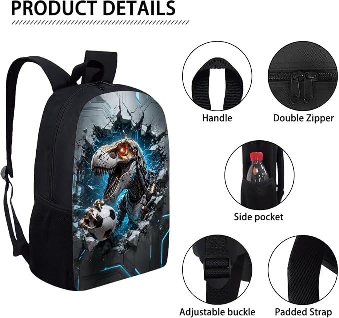 Forchrinse Dinosaur Backpack for School Boys 6-8 8-10 3 in 1 Soccer School Backpacks with Lunch Box Pencil Case Kids 17 Inch Bookbag School Bag Casual Daypack - Image 7