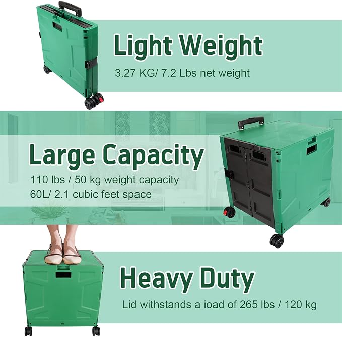 FELICON Folding Utility Cart Rolling Crate Handcart Basket-Dark Green+Black | Collapsible Hidden Lid,Plastic Box,Telescoping Handle,4 Rotate Wheels for Travel Shop Move Grocery Laundry Office Teacher Use - Image 6