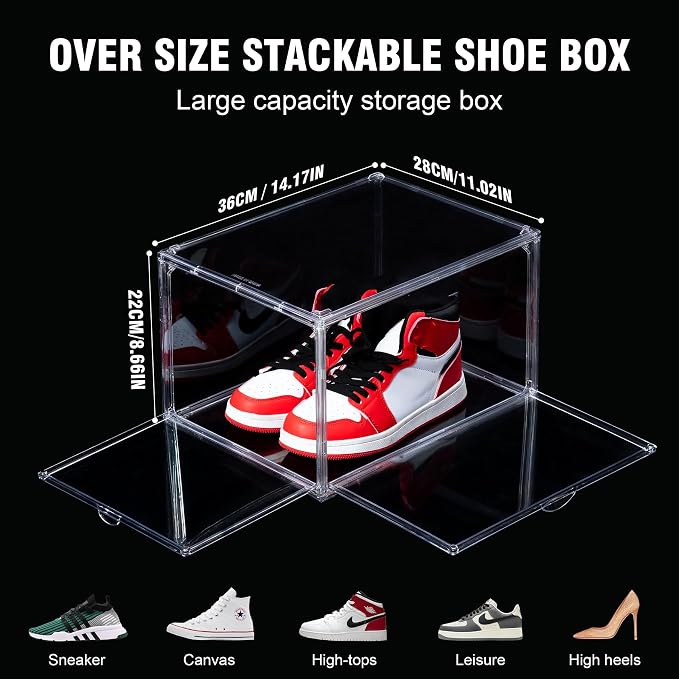 12 Pack Shoe Boxes, Clear Acrylic Stackable Plastic Sneaker Box Container, Magnetic Drop & Side Open Shoe Organizer Case Container With Lids Fits Up to Size 15(Transparency) - Image 6