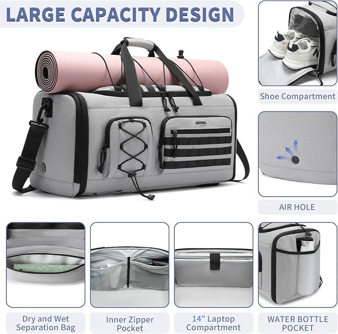 Bosstin Gym Bag for Men & Women,45L Travel Duffle Sports Duffel Bag Gym Weekender Overnight Backpack with Shoe Compartment (GREY CHECKERED) - Image 3