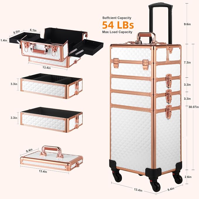 Somduy Rolling Makeup Case, Makeup Train Case with Lid, 5 in 1 Cosmetology Case on Wheels, Christmas Gift, Large Makeup Organizers, Profesional Cosmetic Case for Salon Barber, White Gold - Image 5
