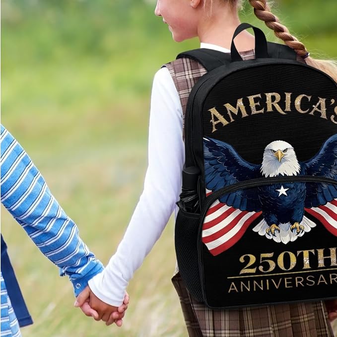 250 Year American Anniversary Backpack Schoolbag Set USA Flag Patriotic Eagle School Bookbag Daypack Shoulder Crossbody Book Bags Lunch Tote Box Water Bottle Pencil Pen Case Bag, Black - Image 7