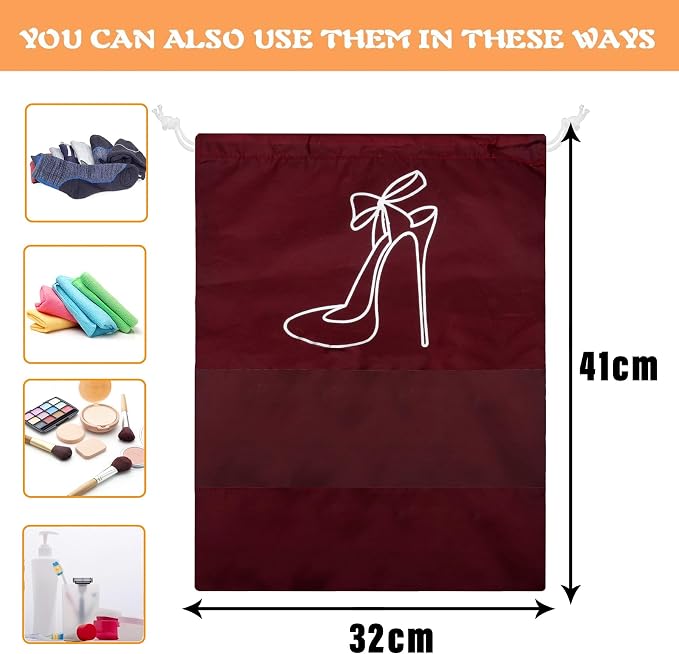 Kuber Industries Shoe Cover | Travel Shoe Storage Bags | Polyester Storage Bags | Drawstring Shoe Cover | Clear Transparent Shoe Storage Organizer | Pack of 12 | Maroon - Image 3