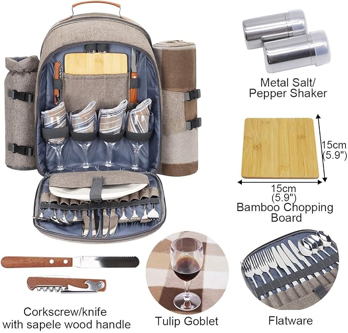 Sunflora Picnic Backpack for 4 Person Set Pack with Insulated Waterproof Pouch for Family Outdoor Camping (Brush Beige) - Image 2