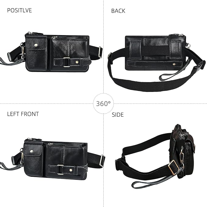 Water Resistant Canvas + Leather Hiking Riding Travel Fanny Waist Pack Small Phone Pouch For Men Women FB811-29 (100% Leather-The 8135 Black) - Image 4