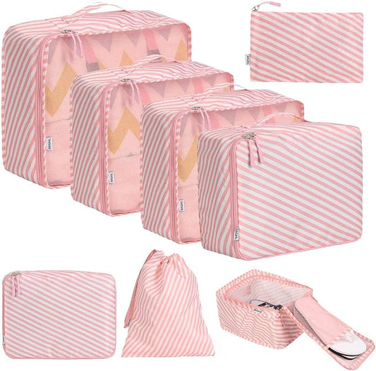 BAGAIL 8 Set Packing Cubes Luggage Packing Organizers for Travel Accessories-White and Pink Stripe by BAGAIL