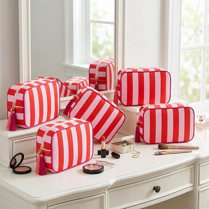 Kacctyen 6 Pack Tomato Red and Light Pink Striped Makeup Bag bulk with Tassel Travel Cosmetic Pouch Organizer Large Zipper Toiletry Case for Women Aesthetic Storage Pouch Mahjong Tile Bag - Image 8