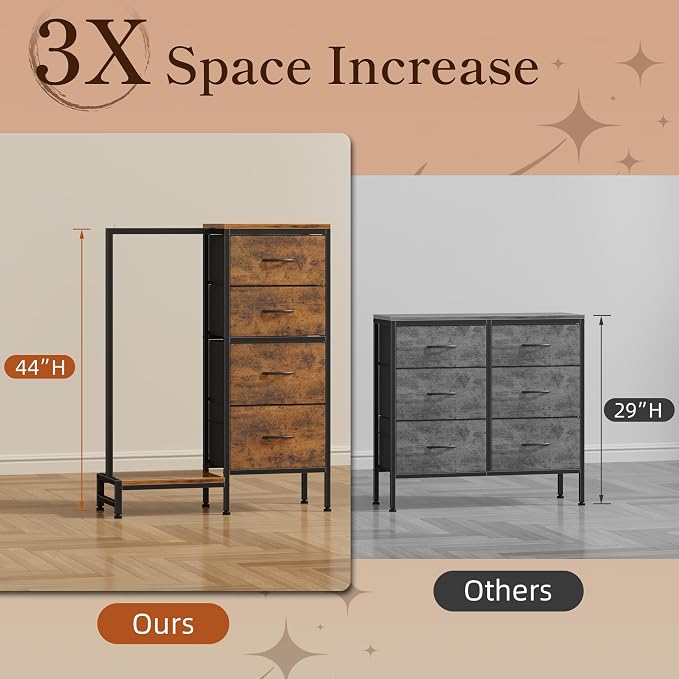 HIGDBFE Tall Dresser 44''H with Hanging Rack, 4 Drawers Small Closet Dresser for Bedroom, Reversible Fabric Chest of Drawers with Clothes Rack, Tall Storage Tower, Sturdy Frame, Rustic Brown - Image 2