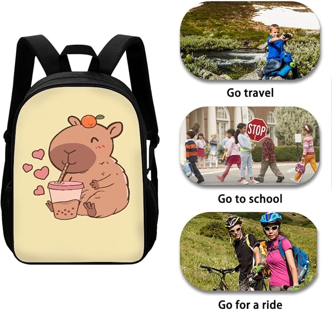 Capybara Bubble Tea Print Boys School Bag 3 in 1 Children's Backpack Set with Lunch Bag and Pencil Pouch Case Daypack Set, Lightweight Durable Knapsack Set for Teen Girls, Light Yellow - Image 3