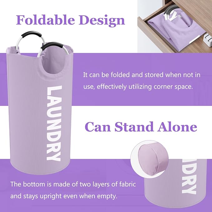 Set of 2 Collapsible Laundry Baskets with Aluminum Handles, 95L Large Laundry Baskets in 600D Oxford Fabric, Portable Dirty Clothes Hampers for Bedroom, Travel, Black + Purple - Image 3