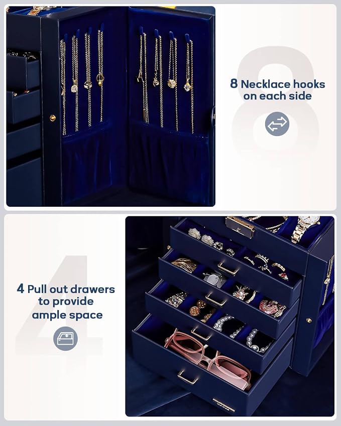 Homde Synthetic Leather Huge Jewelry Box Mirrored Watch Organizer Necklace Ring Earring Storage Lockable Gift Case (Dark Blue + Gold) - Image 5