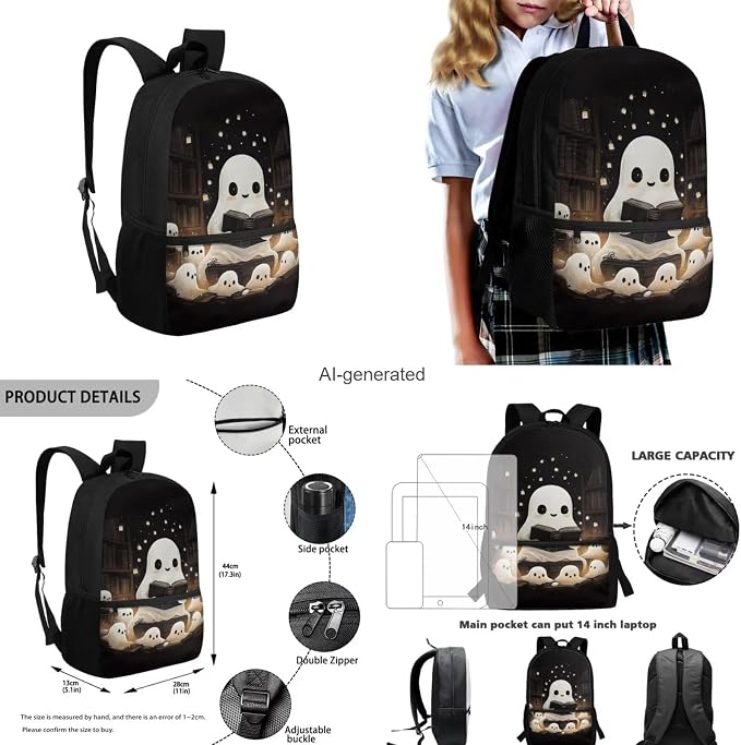 Ghost 1St Grade Backpack Girls with Lunch Box Cute Multi Compartment Preschool Elementary Primary Backpack Lightweight Kawaii Bookbag for Students with Chest Strap Back to School Stuff - Image 3