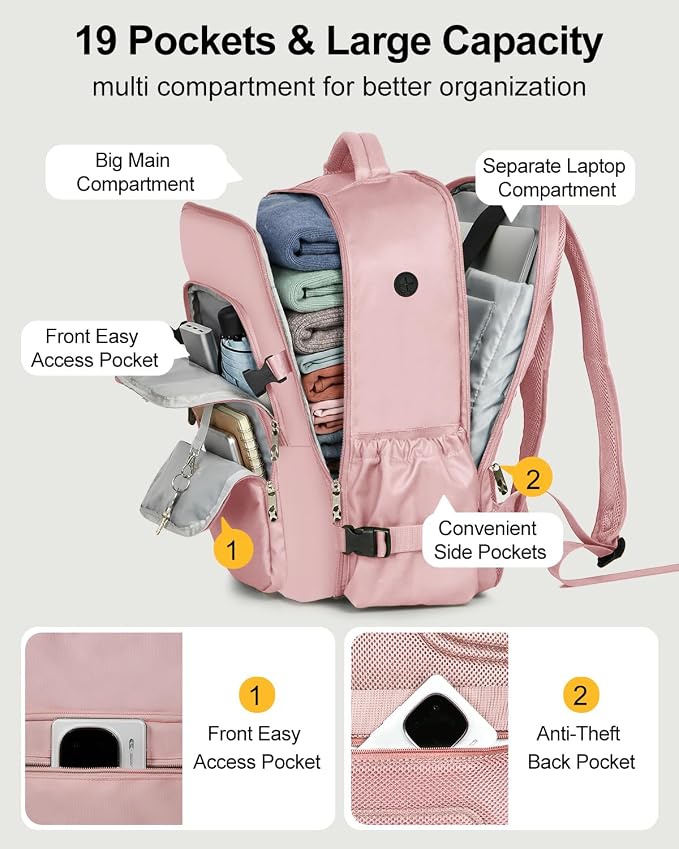 Travel Backpack for Women & Men, Carry On Personal Item Bag Flight Approved, Large Waterproof Laptop Backpack for Travel, Overnight, College & Commuting Pink - Image 7
