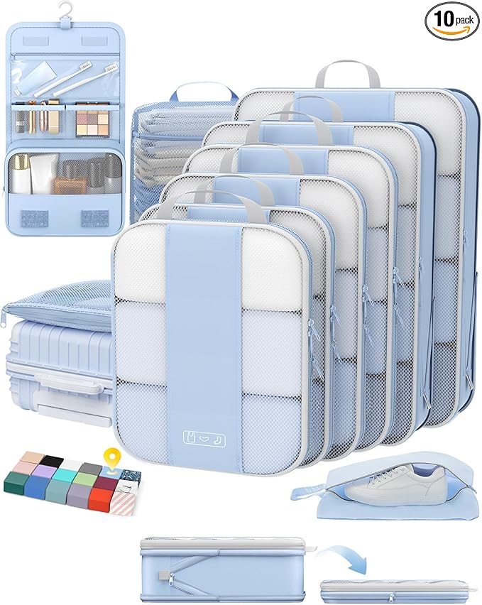 OlarHike 10 Set Compression Packing Cubes for Travel Essentials,Compressible Expandable Space Saver Bags for Organizing Clothes,Luggage Suitcase Garment Bags with Over 1000 pcs Mesh Holes(Light Blue) by OlarHike