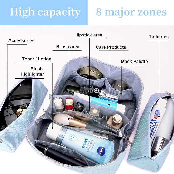 BOYATU Travel Makeup Bag Cosmetic Bags for Women: Large Capacity 3 Pcs Set Make up Bag with Compartments - Waterproof Vegan Leather Toiletry Organizer Bags with Handle (L04 Light Blue) - Image 7